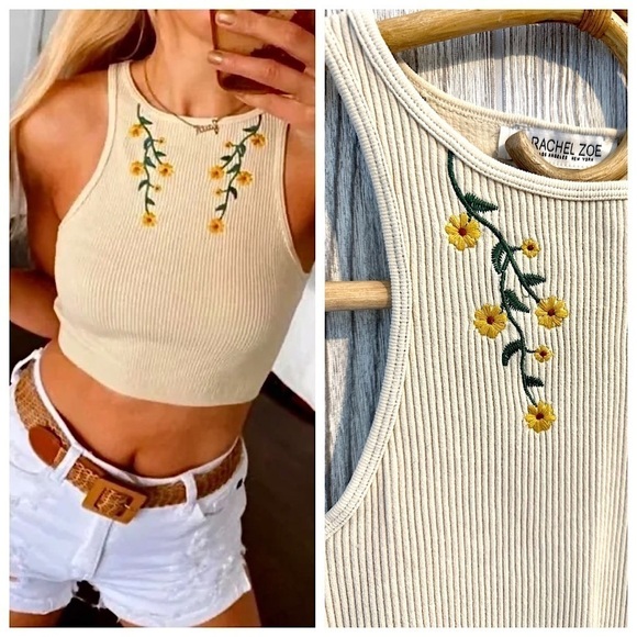 Rachel Zoe Tops - NEW! RACHEL ZOE FLORAL EMBROIDERED Stretch Crop Tank Womens XS Beige Neutral